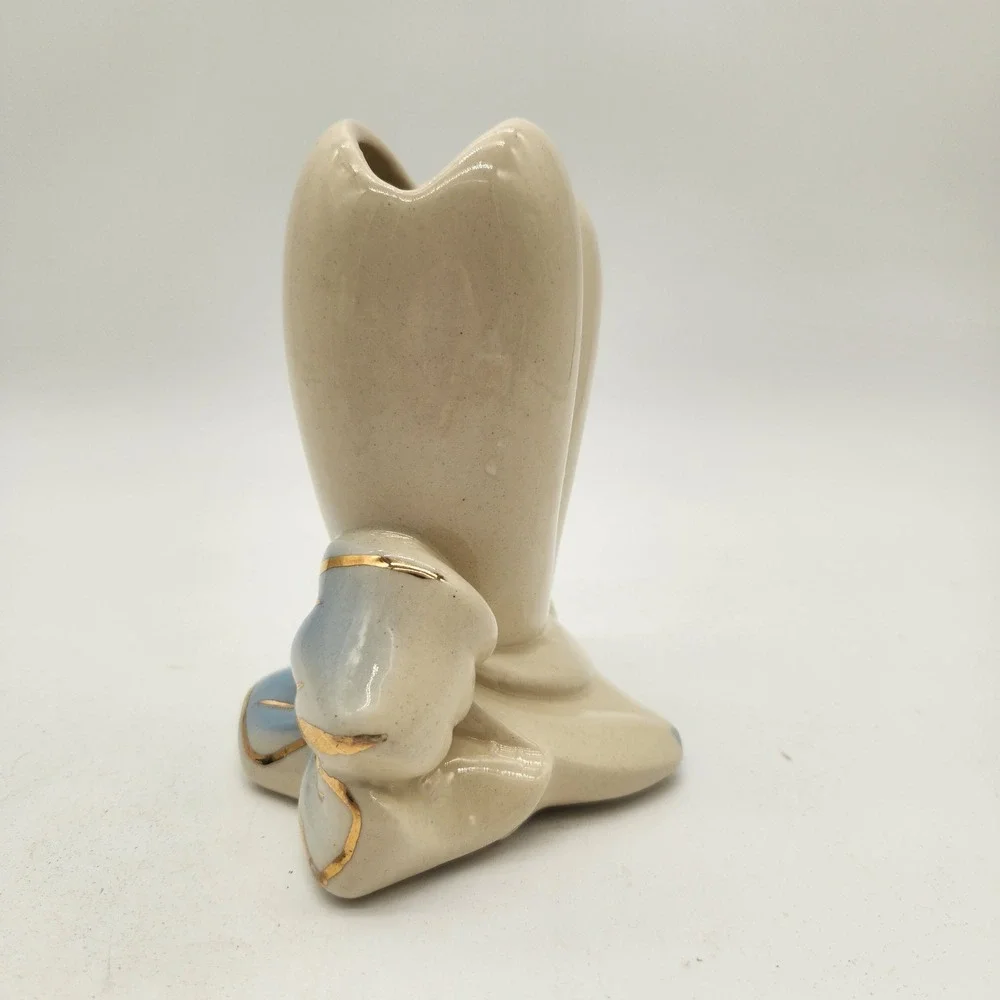 Vintage American Bisque Company Heart Shaped Ceramic Bow Vase Hand Painted Gold
